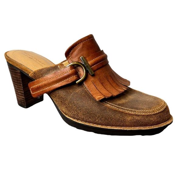 ROCKPORT Dynamic Suspension Leather Clog Mules 3" Heel in Browns Size 7.5 - Picture 1 of 11
